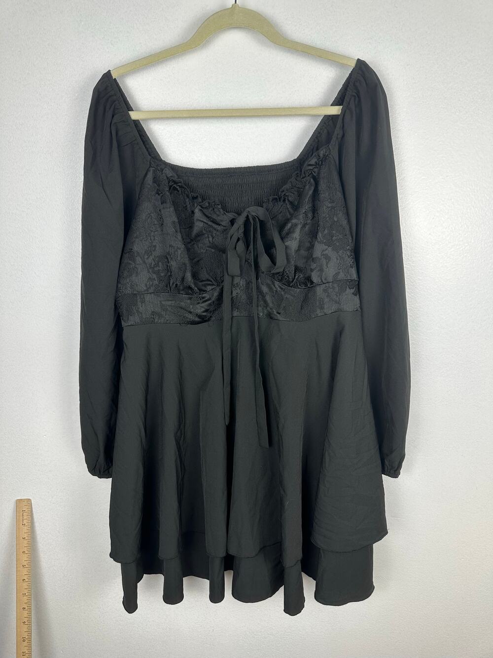 Women's Black Milkmaid Jacquard Bust Mini Dress Tiered Ruffle Smocked Boho 1X